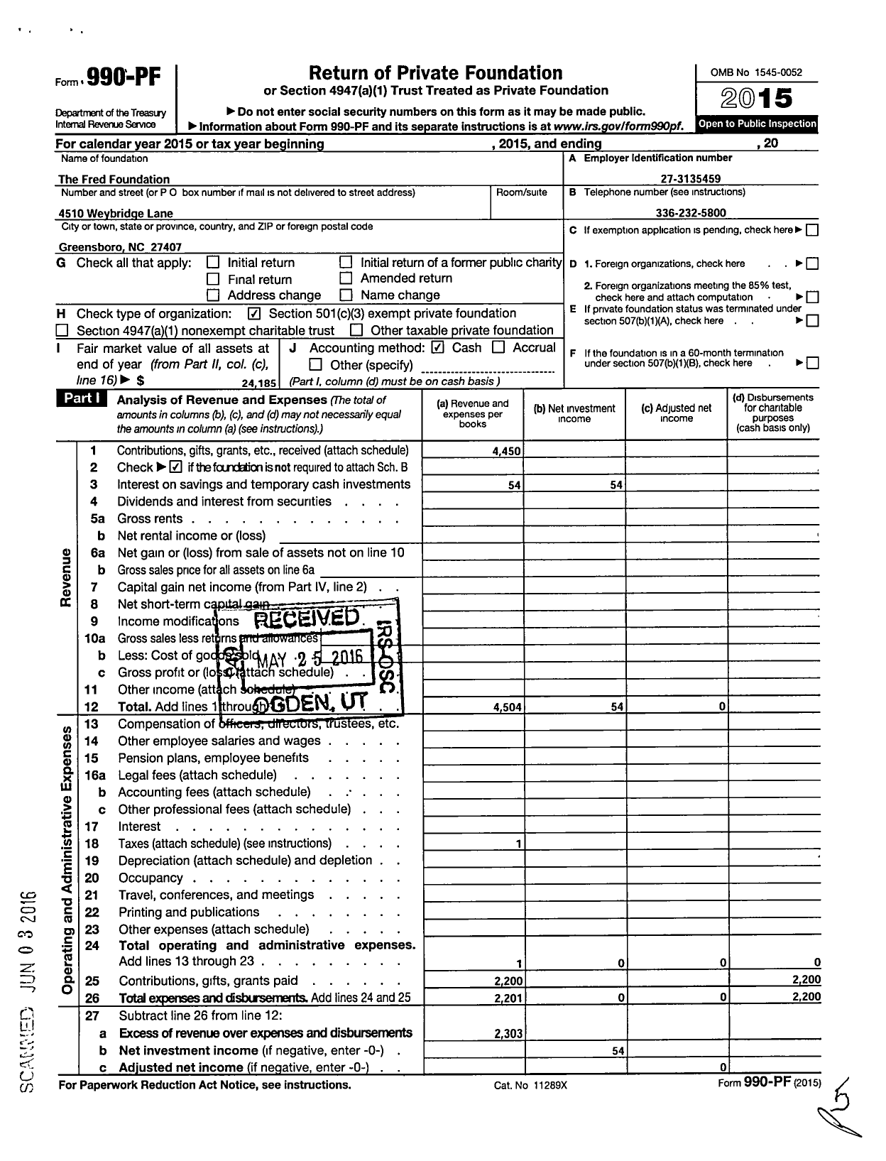 Image of first page of 2015 Form 990PF for The Fred Foundation