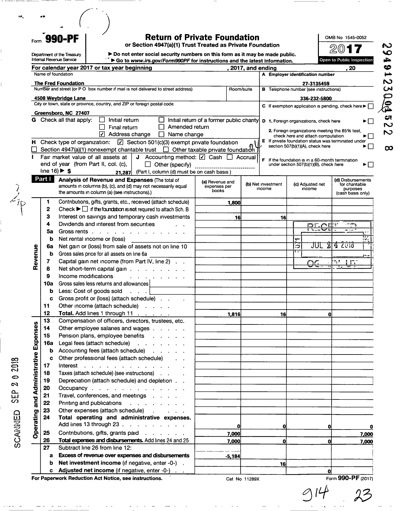 Image of first page of 2017 Form 990PF for The Fred Foundation