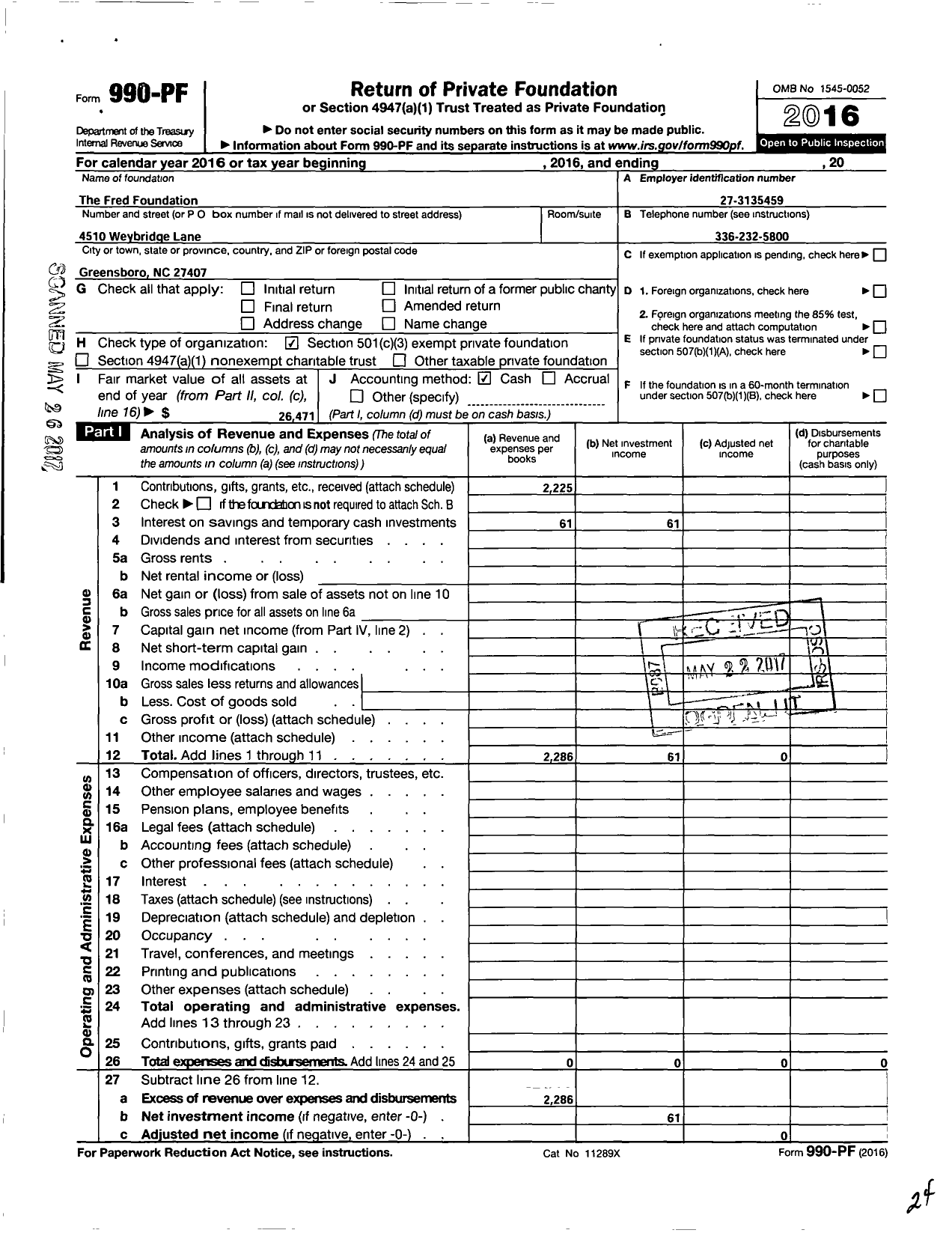 Image of first page of 2016 Form 990PF for The Fred Foundation