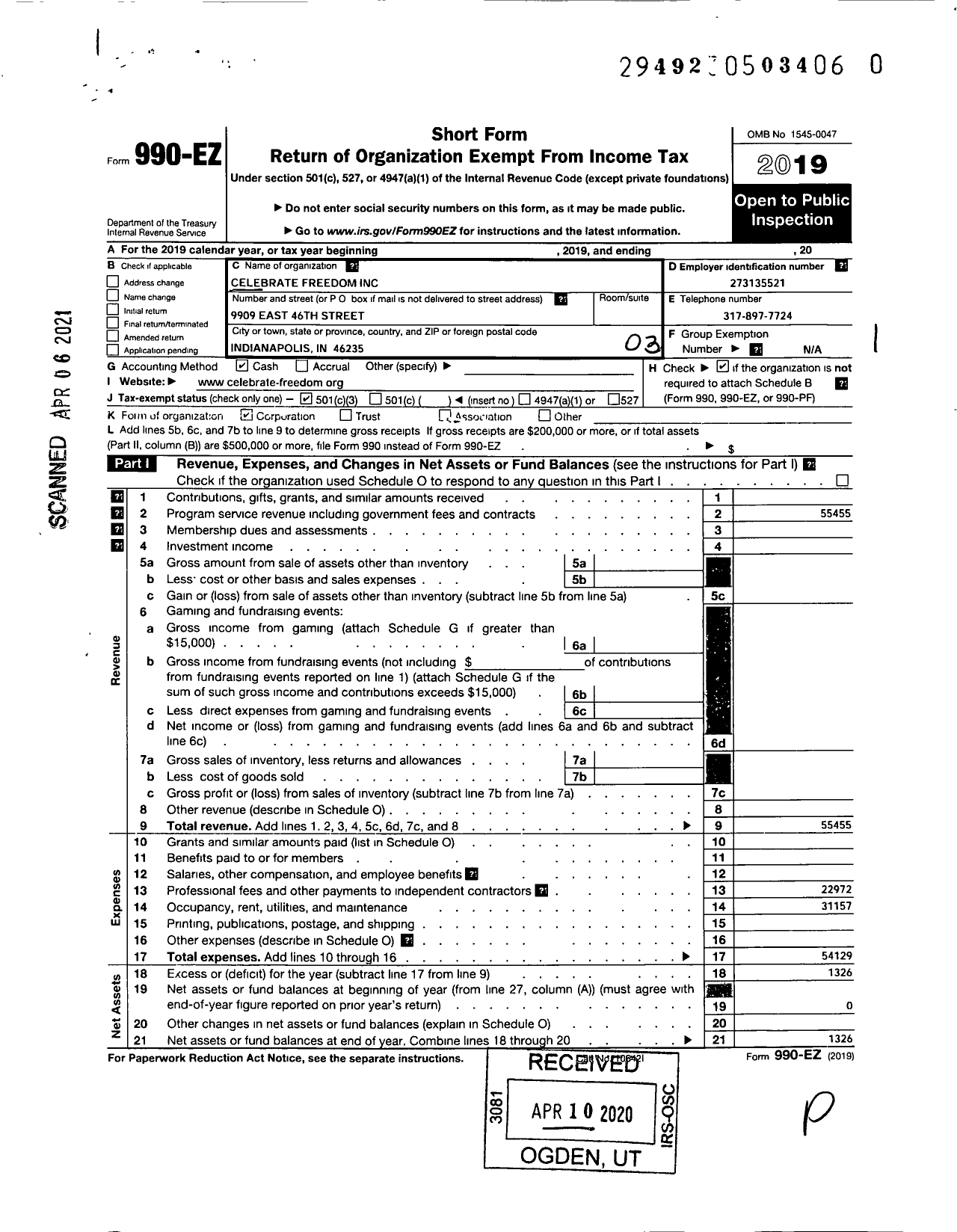 Image of first page of 2019 Form 990EZ for Celebrate Freedom