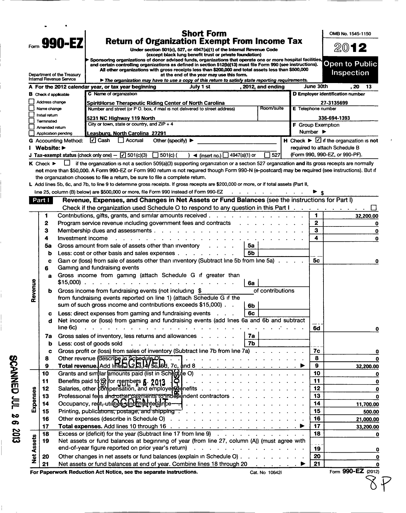 Image of first page of 2012 Form 990EZ for Spirithorse Therapeutic Riding Center / John T Hull Equine Therapy Center