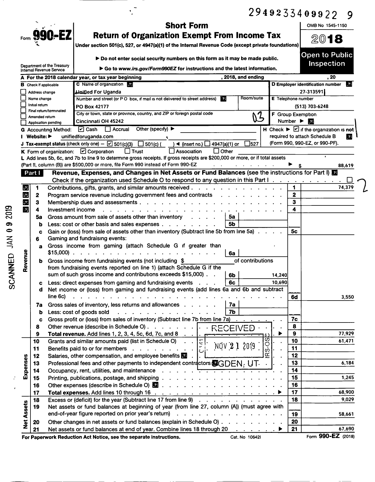 Image of first page of 2018 Form 990EZ for Unified for Uganda