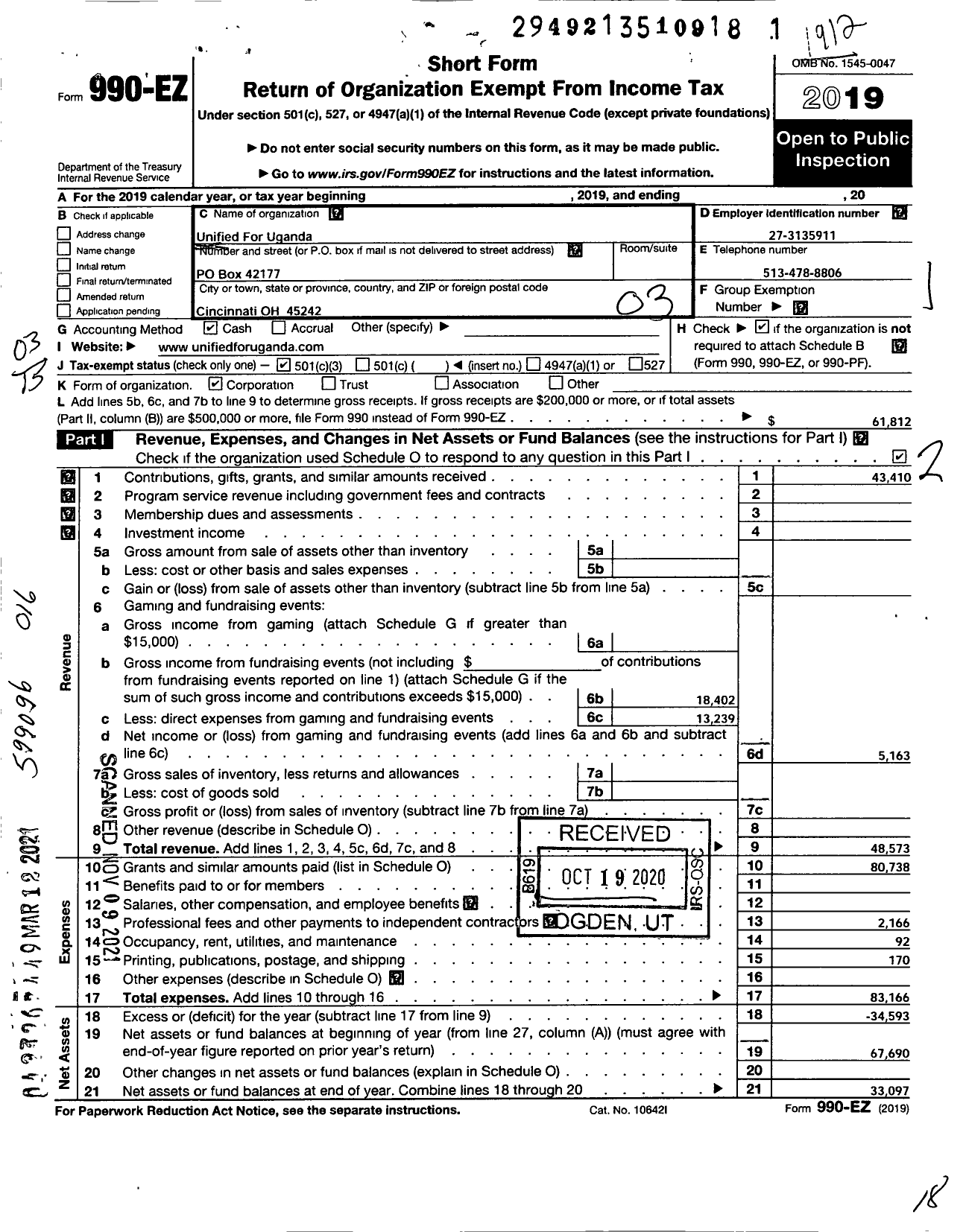 Image of first page of 2019 Form 990EZ for Unified for Uganda