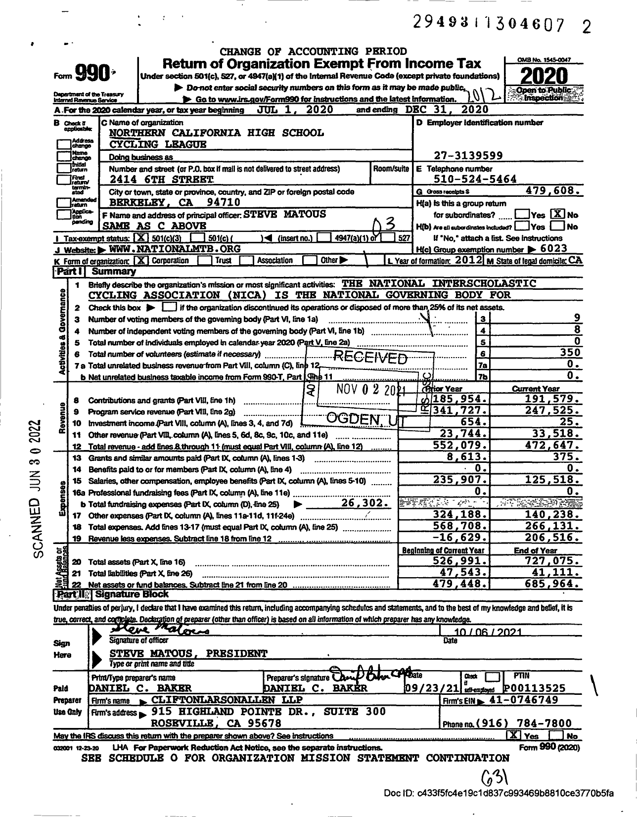 Image of first page of 2020 Form 990 for The Northern California Interscholastic Cycling League