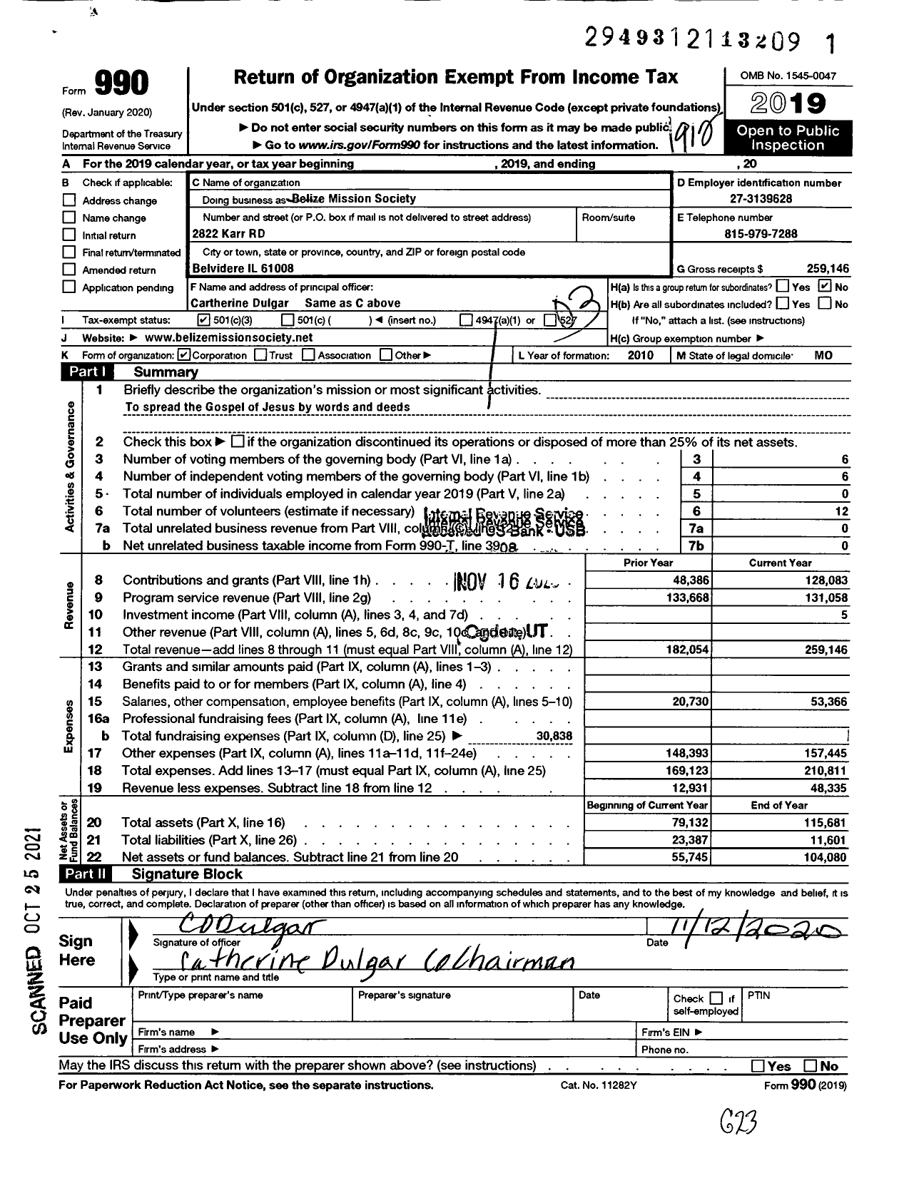 Image of first page of 2019 Form 990 for Belize Mission Society