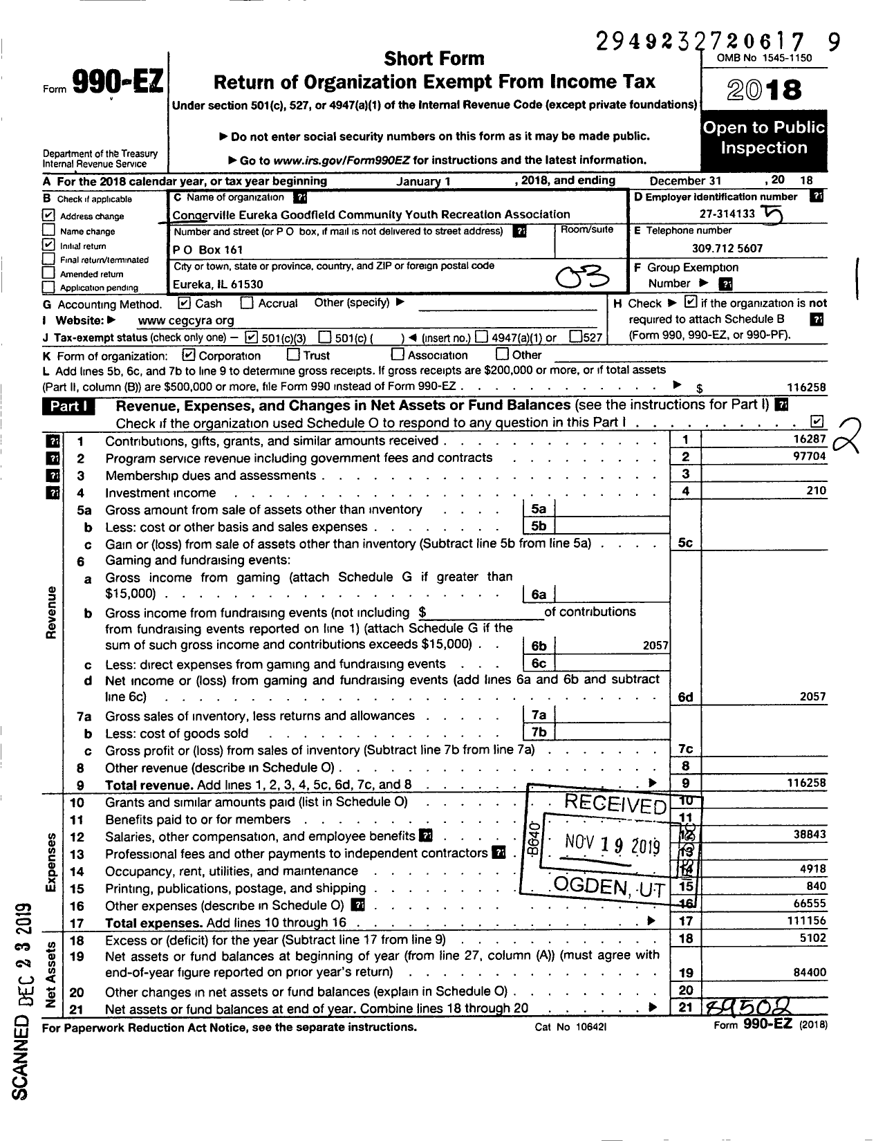 Image of first page of 2018 Form 990EZ for Congerville Eureka Goodfield Community Youth Recreation Association