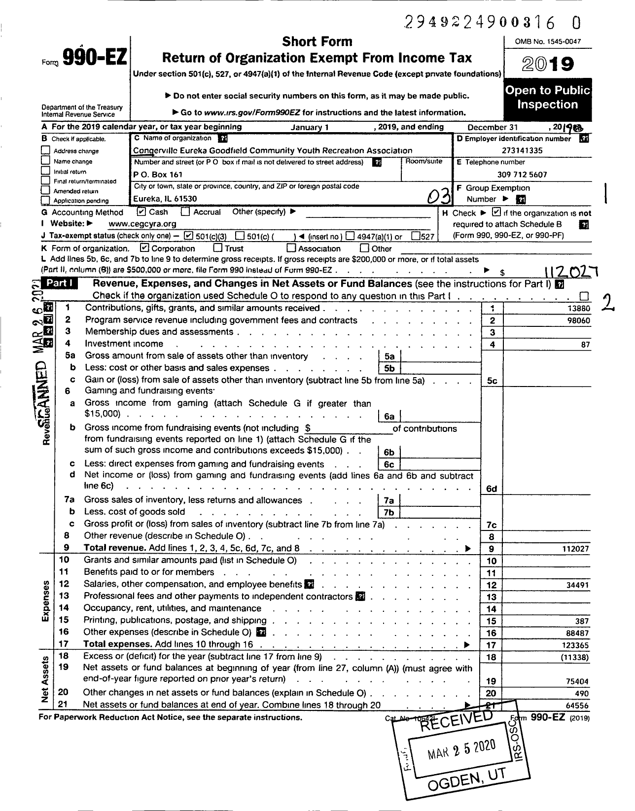 Image of first page of 2019 Form 990EZ for Congerville Eureka Goodfield Community Youth Recreation Association