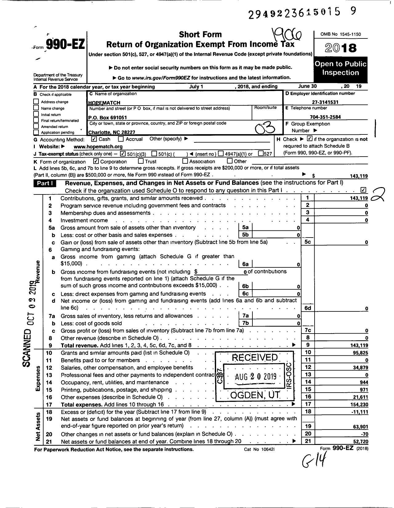 Image of first page of 2018 Form 990EZ for Hope Match