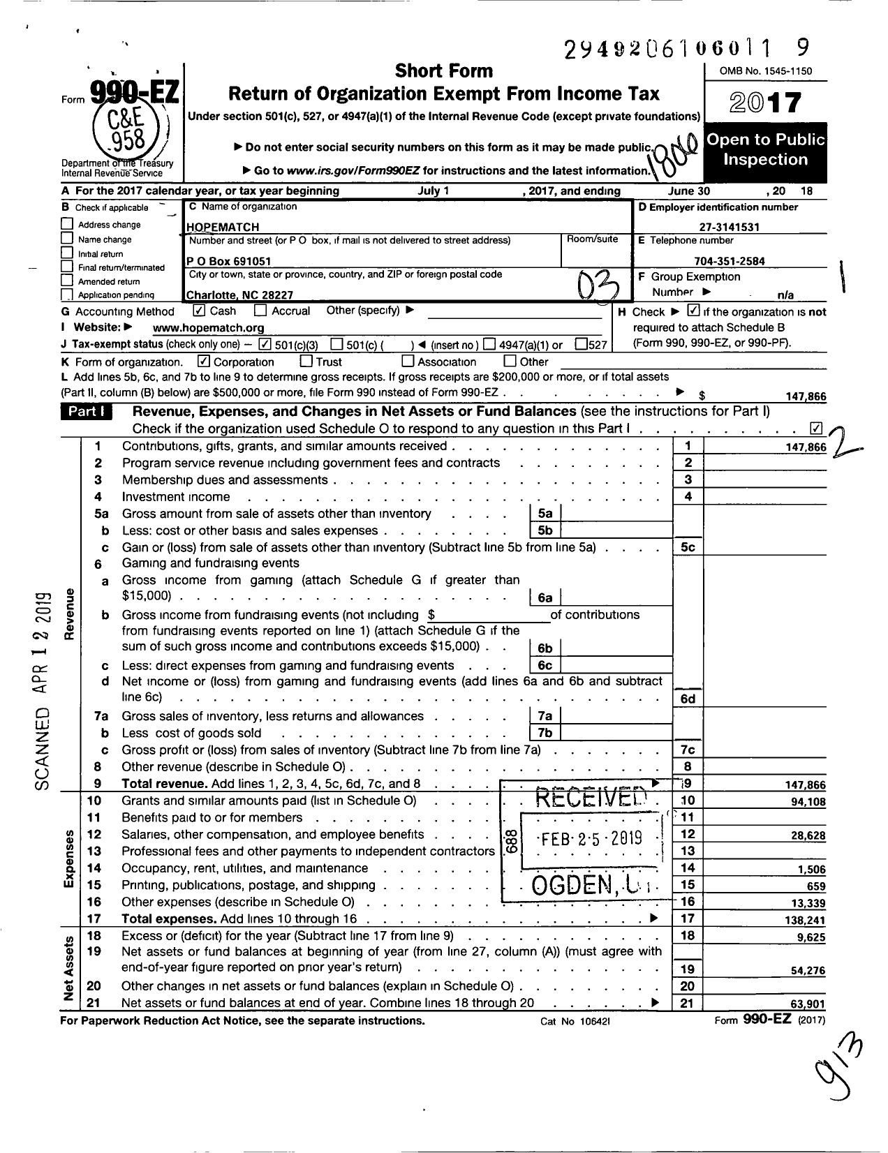 Image of first page of 2017 Form 990EZ for Hopematch Match