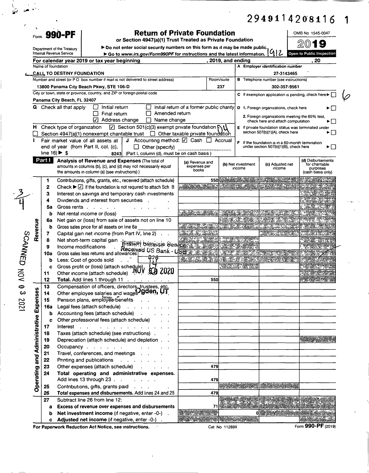 Image of first page of 2019 Form 990PF for Call to Destiny Foundation