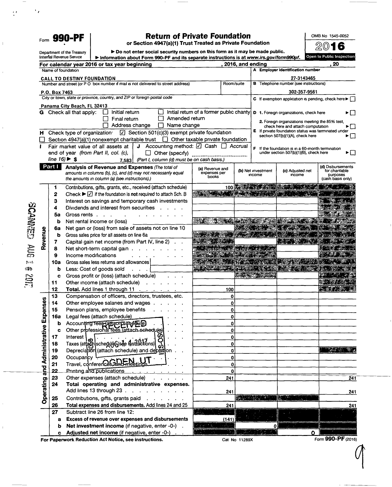 Image of first page of 2016 Form 990PF for Call to Destiny Foundation