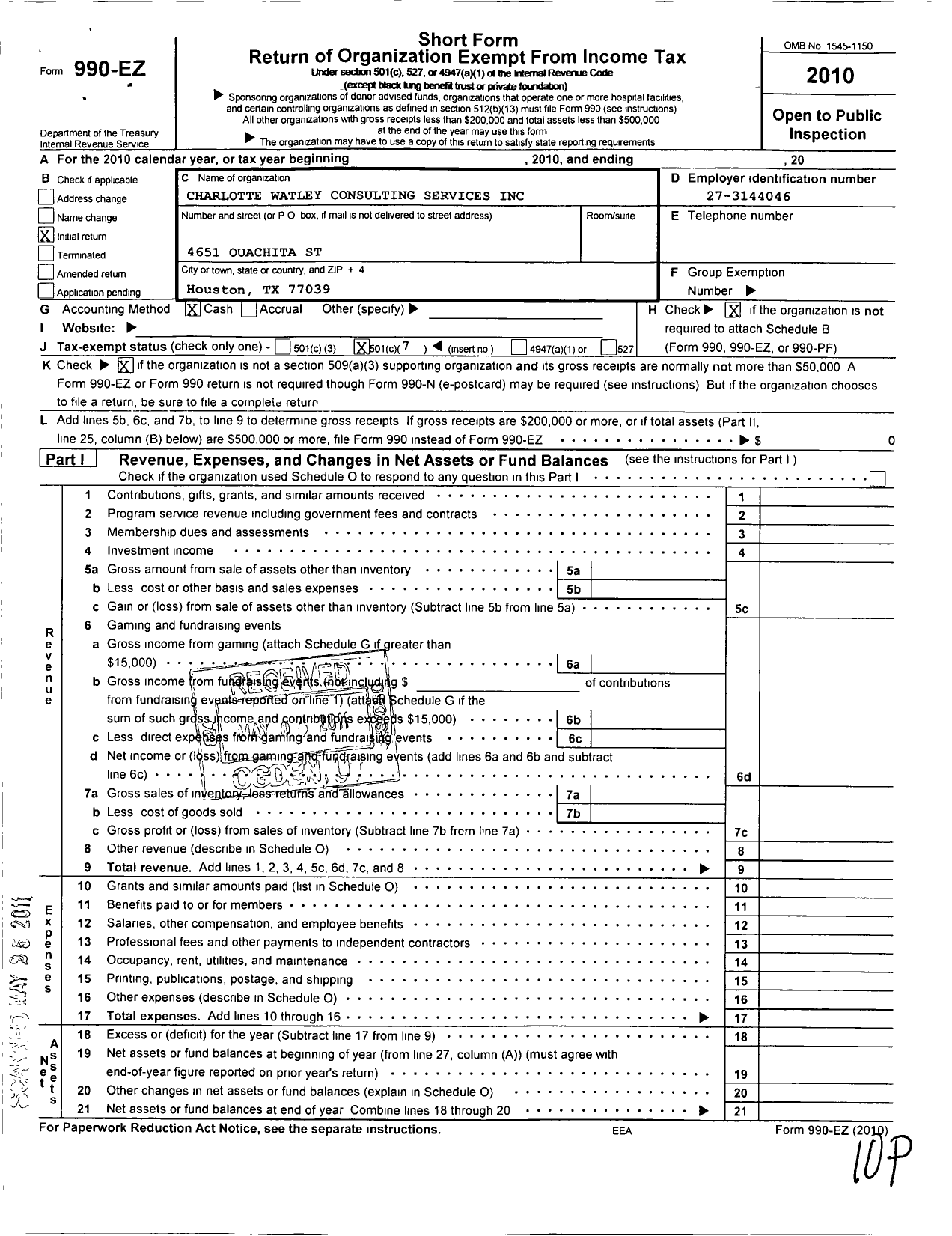 Image of first page of 2010 Form 990EO for Charlotte Watley Consulting Services