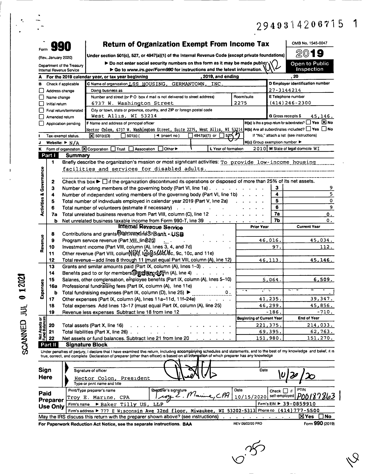 Image of first page of 2019 Form 990 for LSS Housing Germantown