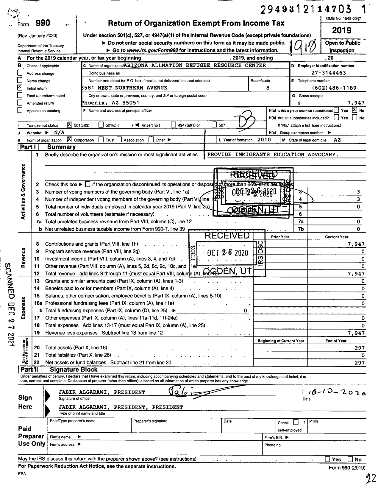 Image of first page of 2019 Form 990 for Arizona Allnation Refugee Resource Center