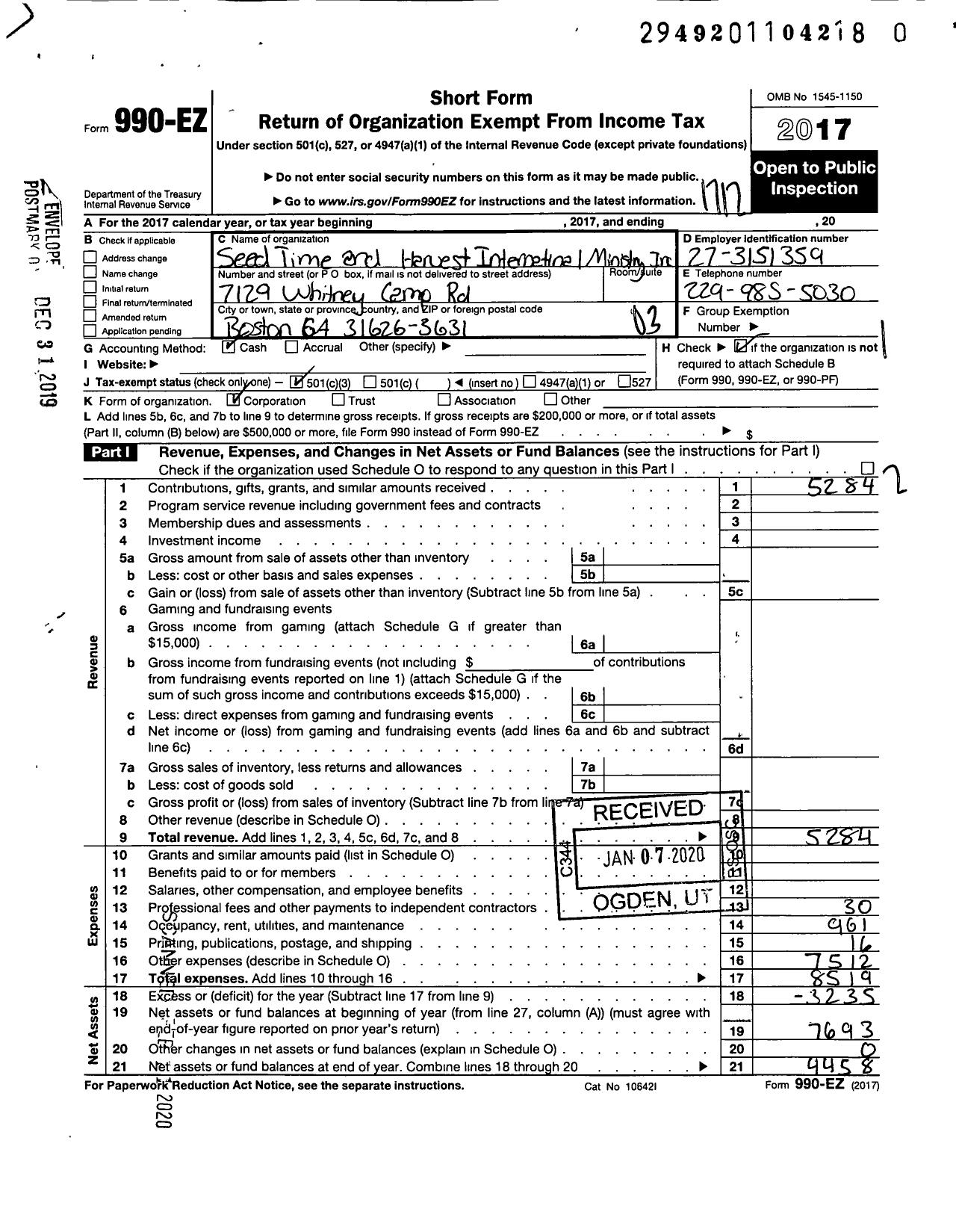 Image of first page of 2017 Form 990EZ for Seed Time and Harvest International Ministry