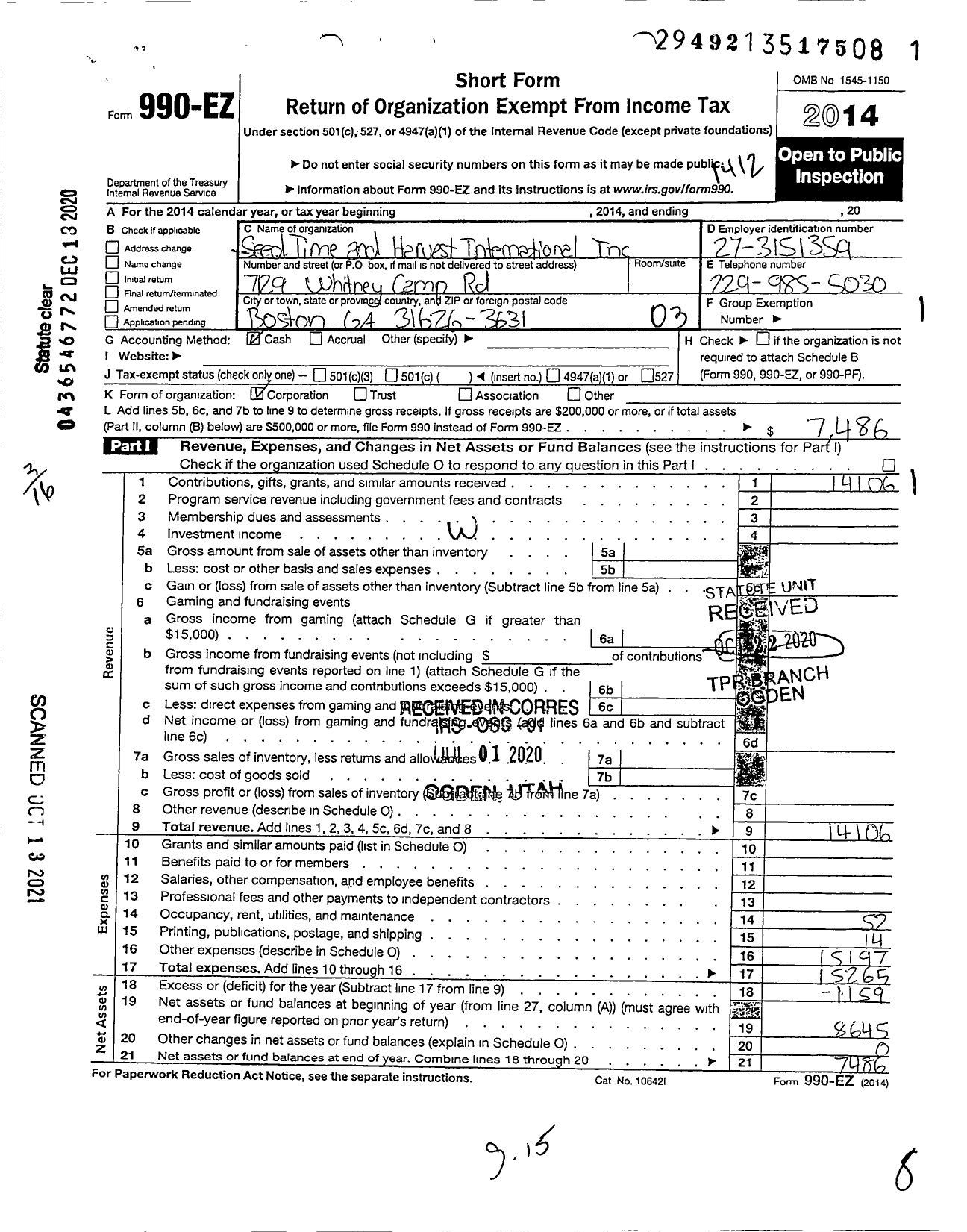 Image of first page of 2014 Form 990EZ for Seed Time and Harvest International Ministry