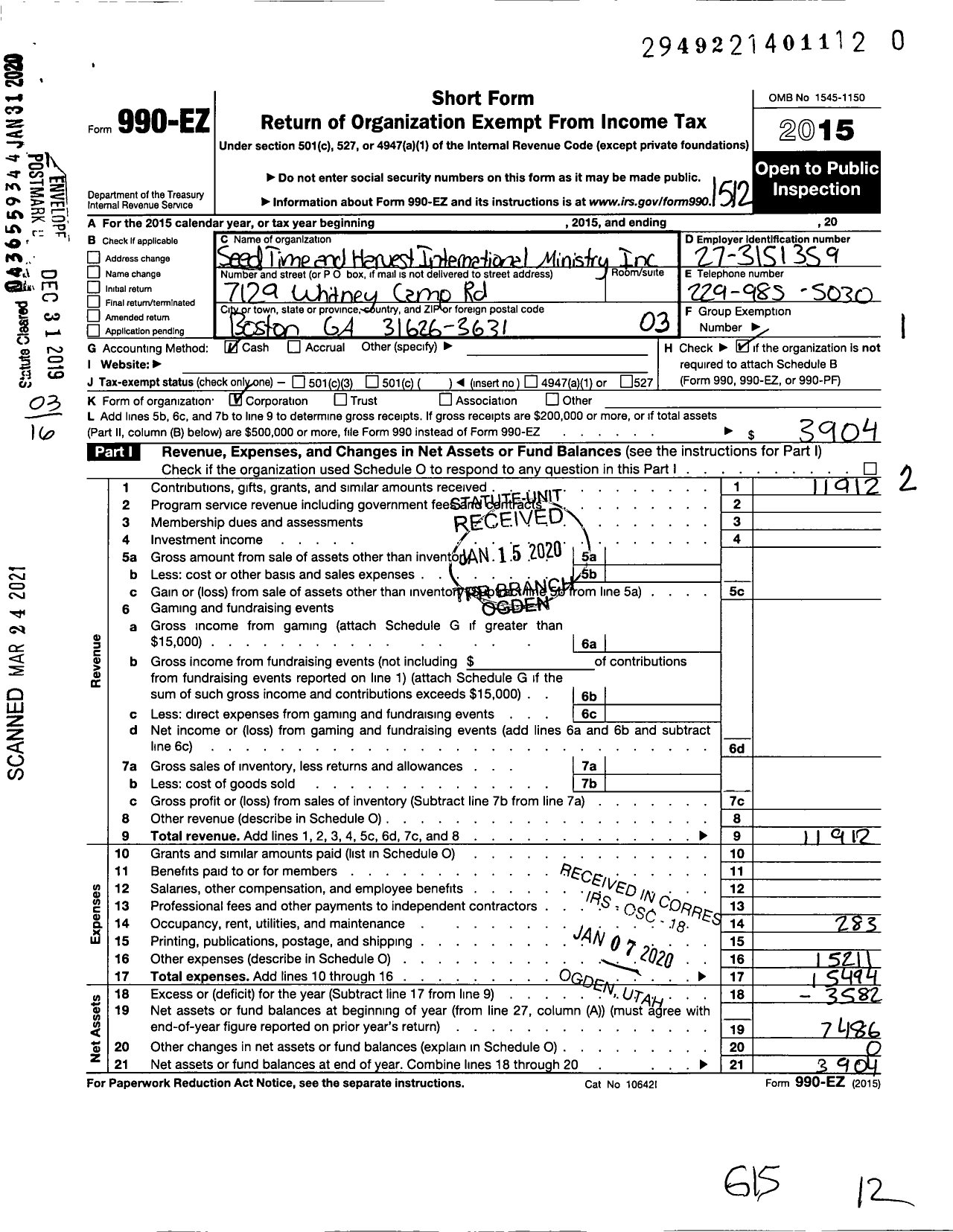 Image of first page of 2015 Form 990EZ for Seed Time and Harvest International Ministry