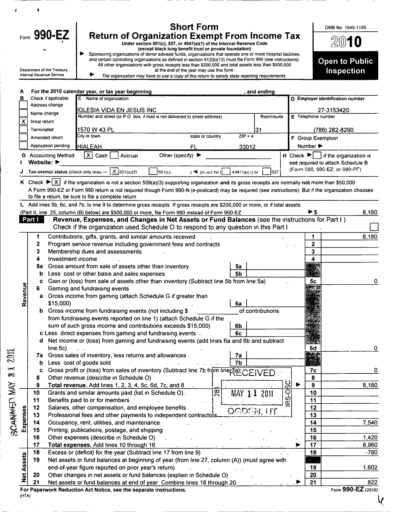 Image of first page of 2010 Form 990EZ for Iglesia Vida En Jesus