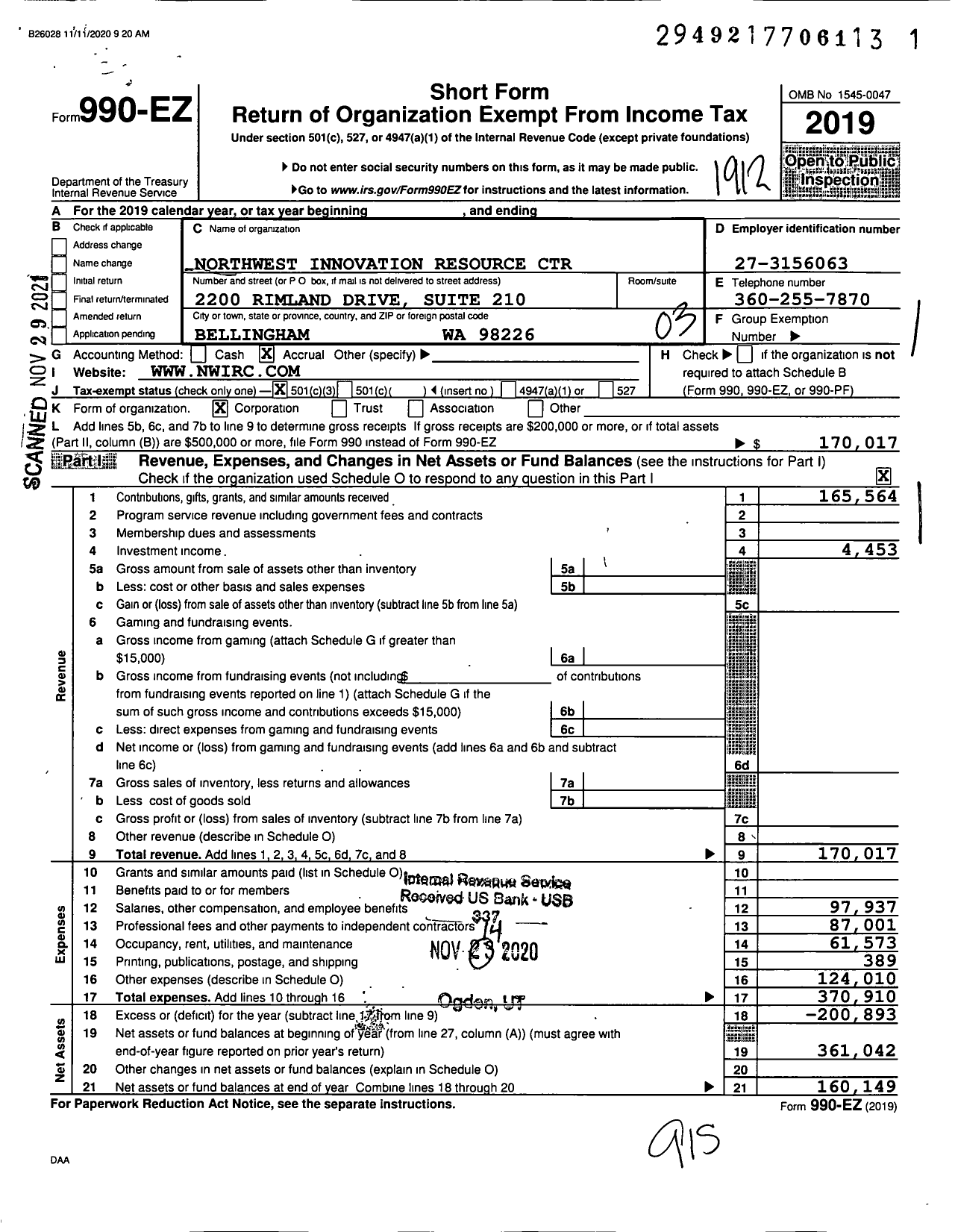 Image of first page of 2019 Form 990EZ for Northwest Innovation Resource Center