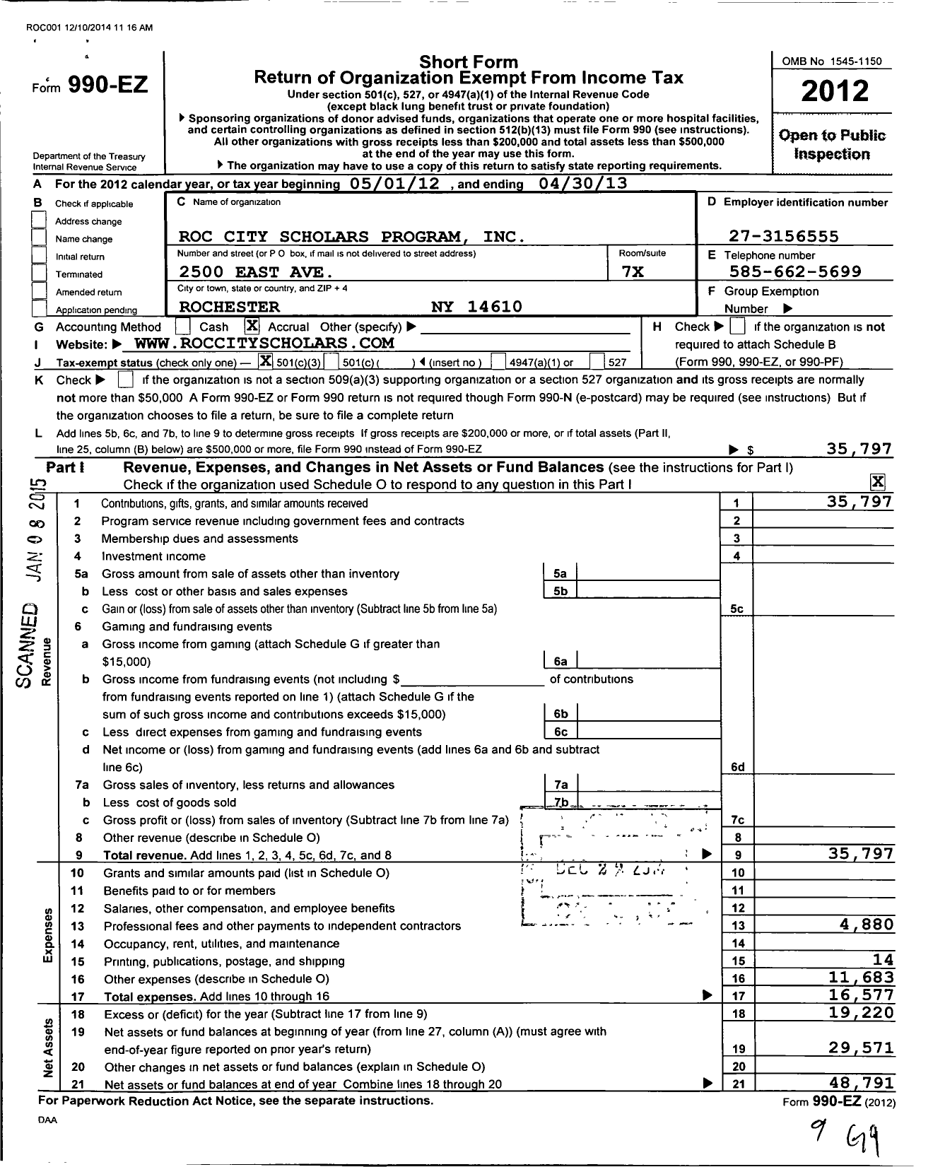 Image of first page of 2012 Form 990EZ for Roc City Scholars Program