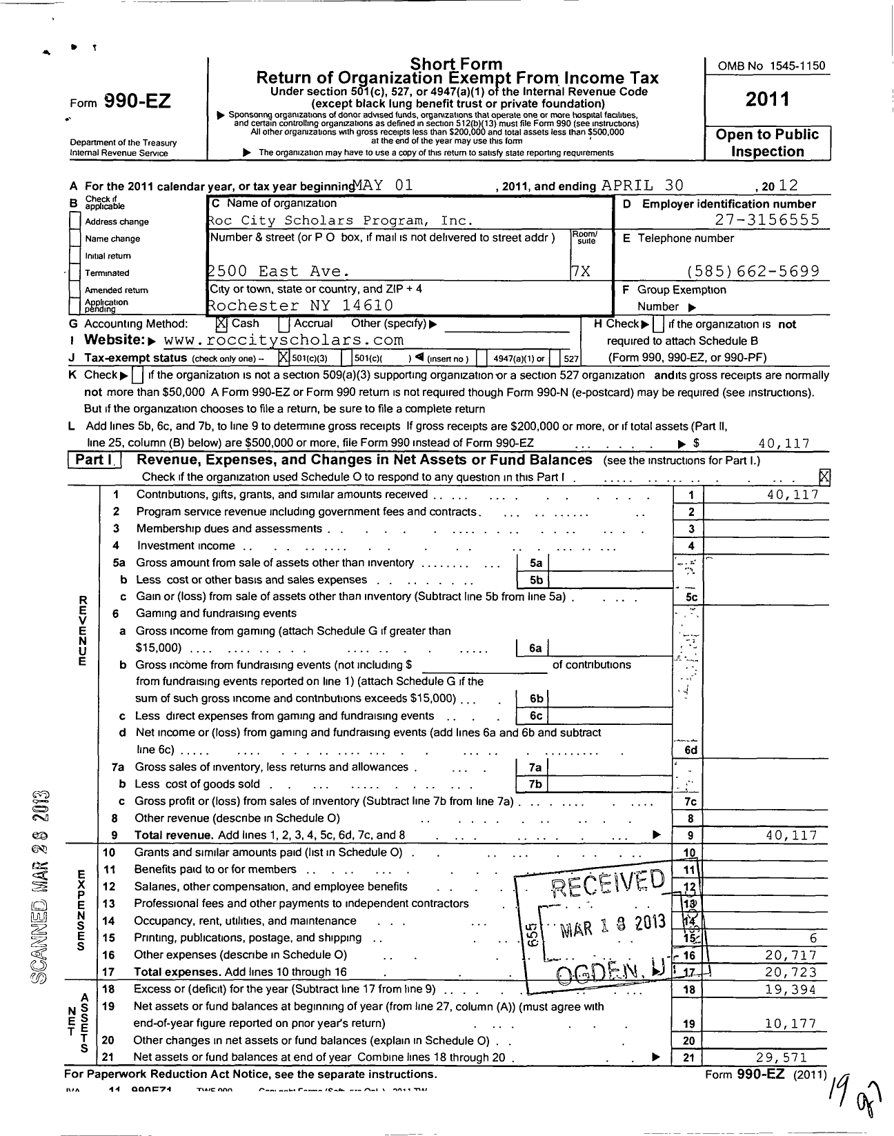 Image of first page of 2011 Form 990EZ for Roc City Scholars Program