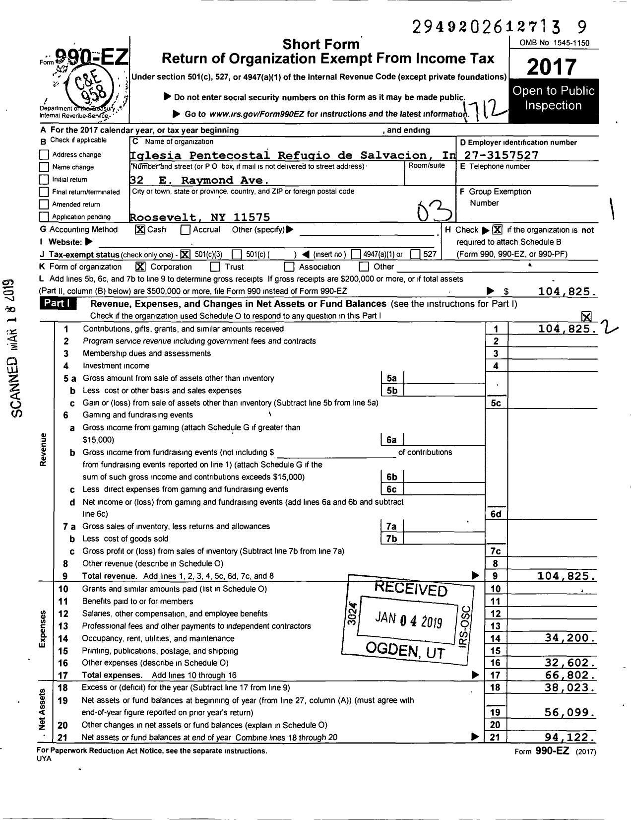 Image of first page of 2017 Form 990EZ for Iglesia Pentecostal Refugio de Salvacion