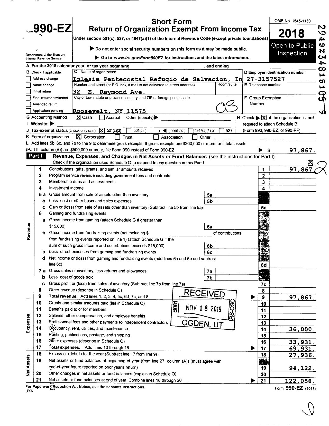 Image of first page of 2018 Form 990EZ for Iglesia Pentecostal Refugio de Salvacion