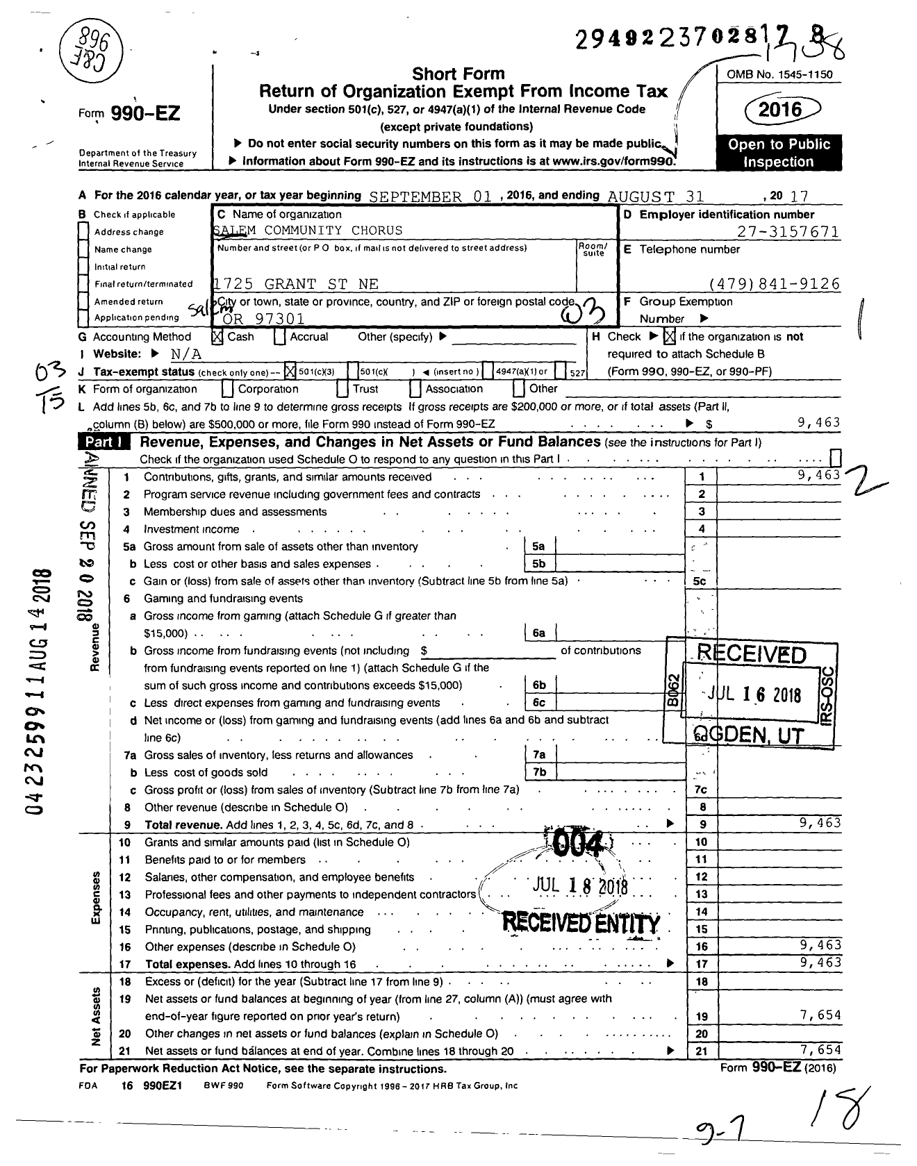 Image of first page of 2016 Form 990EZ for Salem Community Chorus