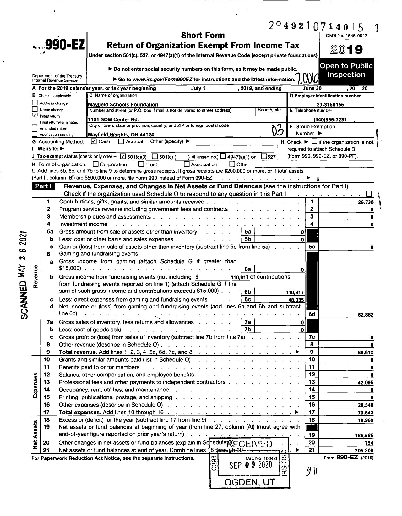 Image of first page of 2019 Form 990EZ for Mayfield Schools Foundation