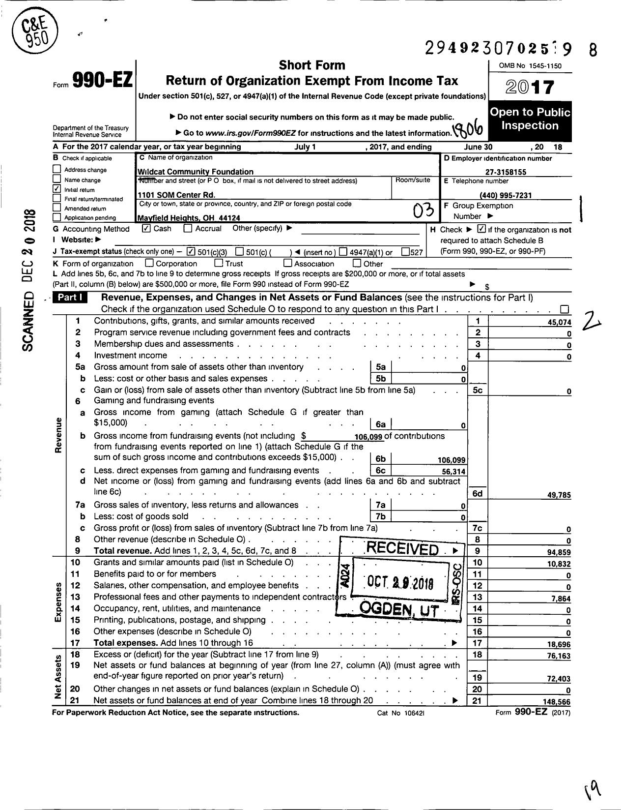 Image of first page of 2017 Form 990EZ for Mayfield Schools Foundation