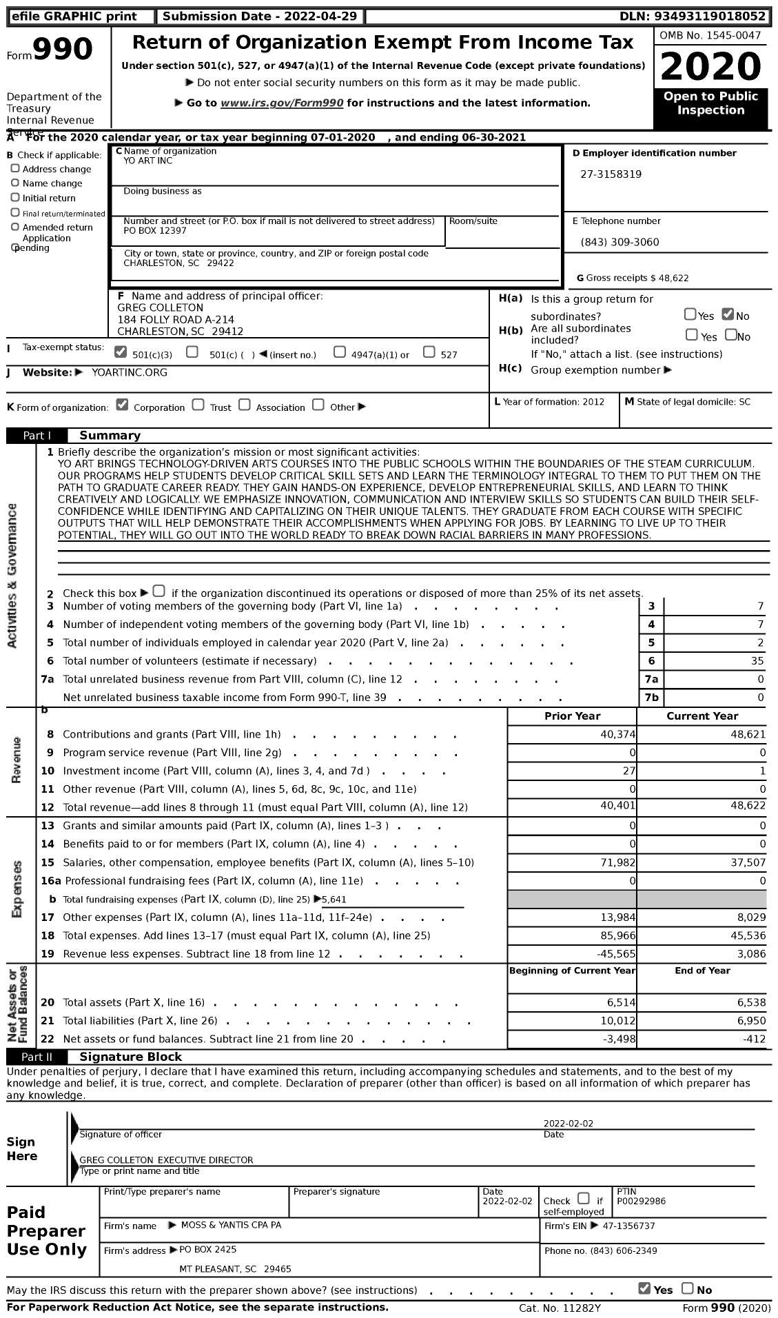 Image of first page of 2020 Form 990 for Yo Art