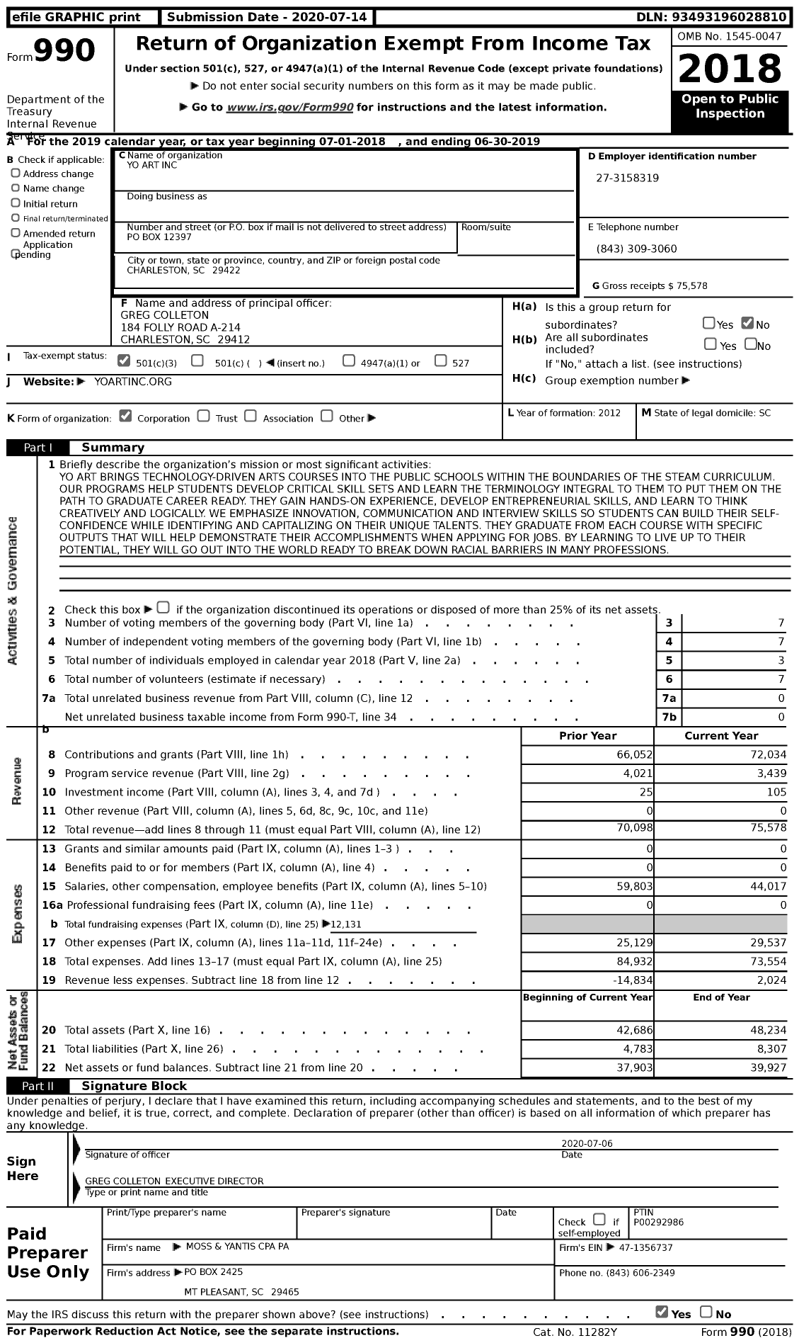 Image of first page of 2018 Form 990 for Yo Art