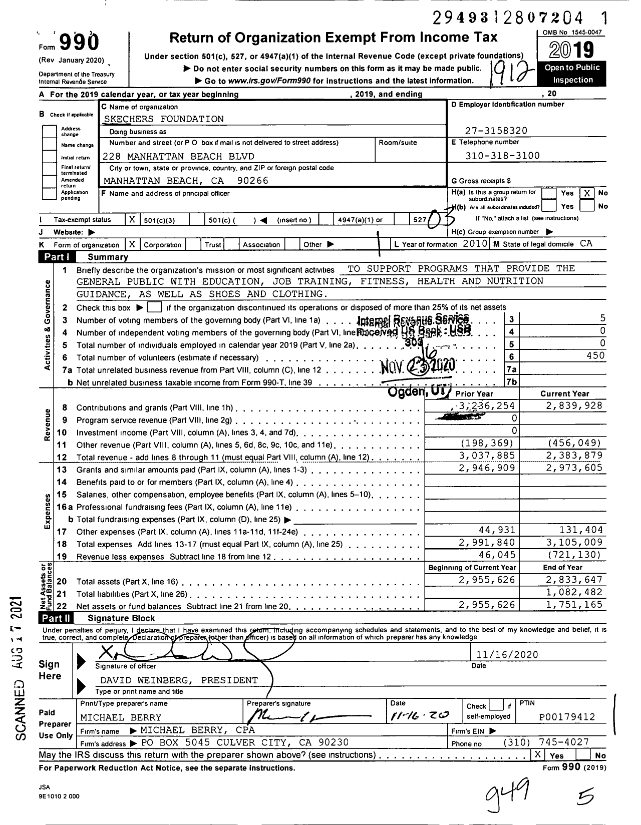 Image of first page of 2019 Form 990 for Skechers Foundation