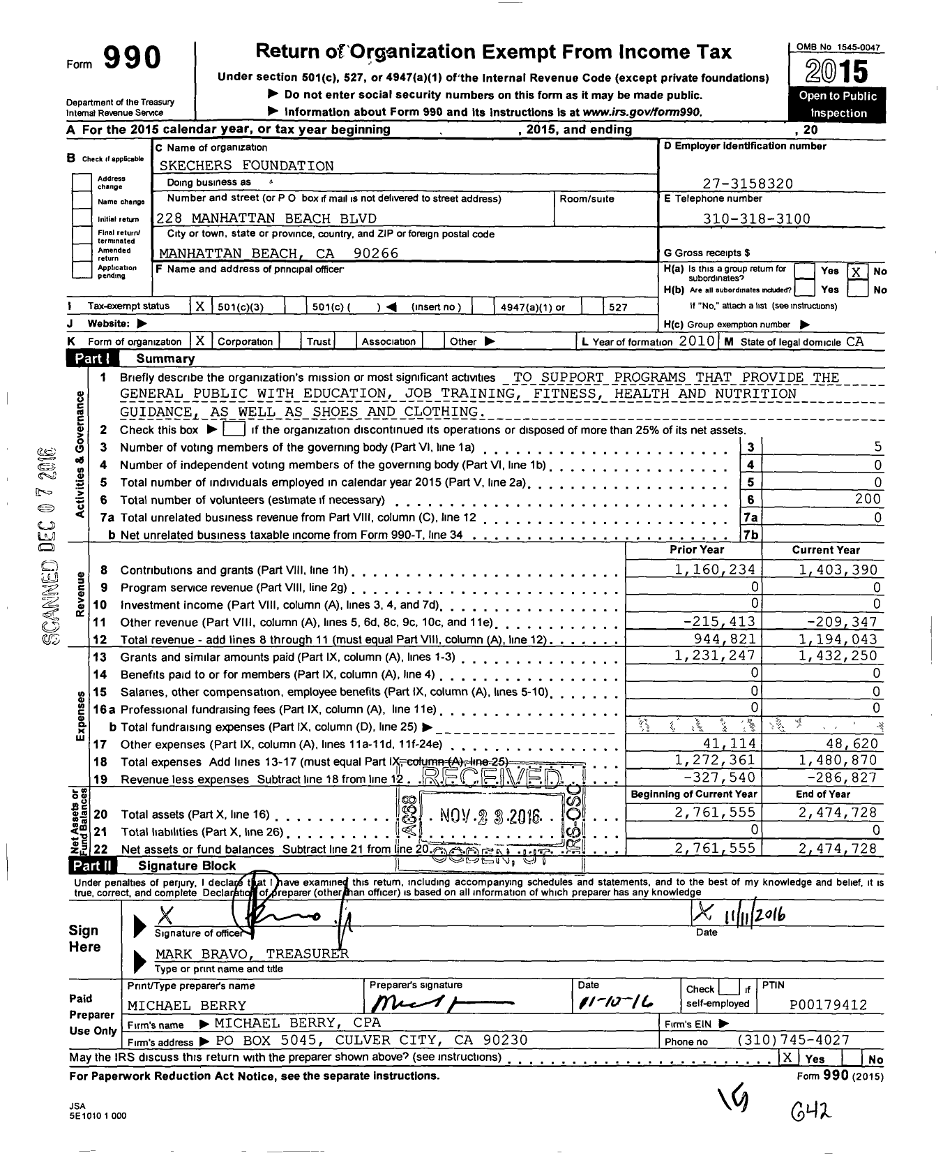 Image of first page of 2015 Form 990 for Skechers Foundation