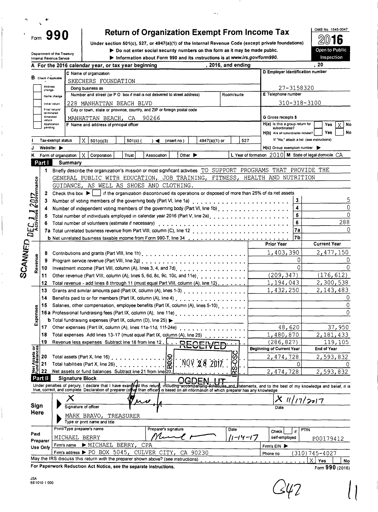 Image of first page of 2016 Form 990 for Skechers Foundation