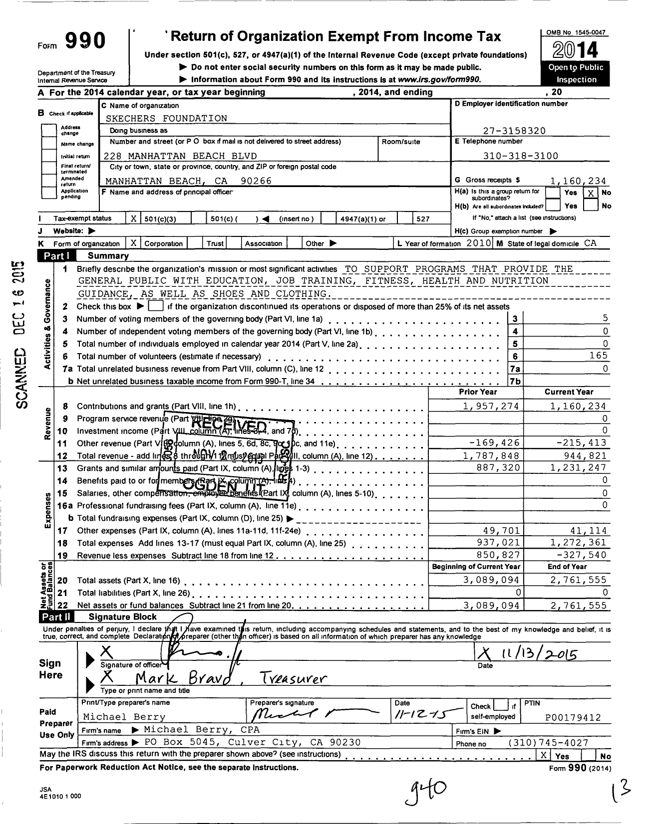 Image of first page of 2014 Form 990 for Skechers Foundation