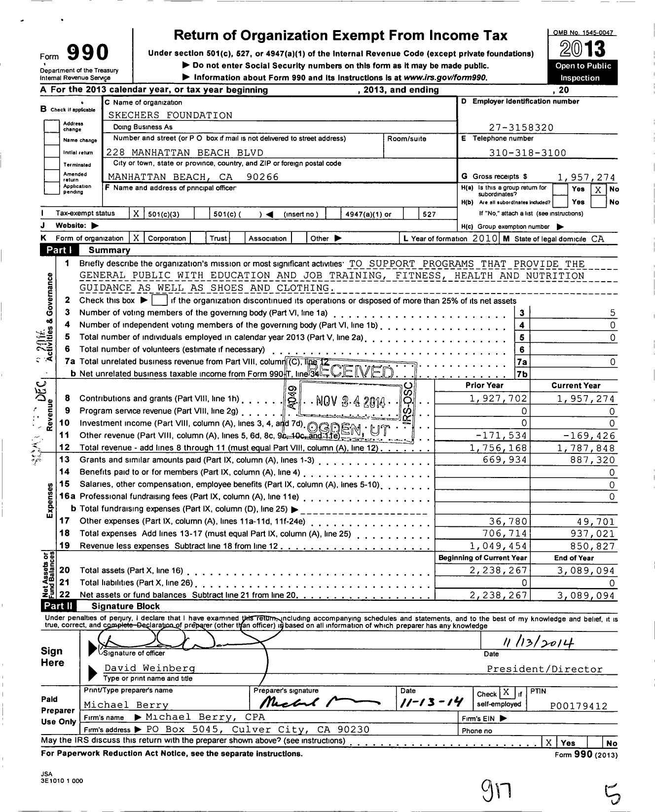 Image of first page of 2013 Form 990 for Skechers Foundation