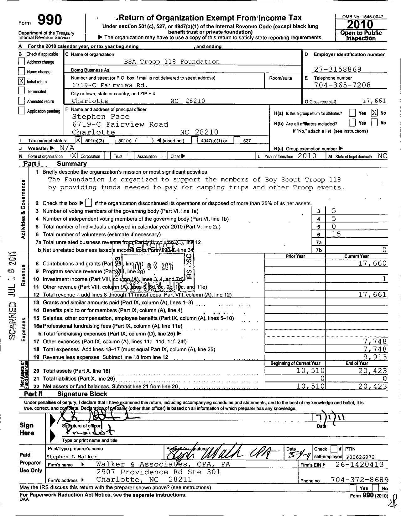 Image of first page of 2010 Form 990 for Bsa Troop 118 Foundation