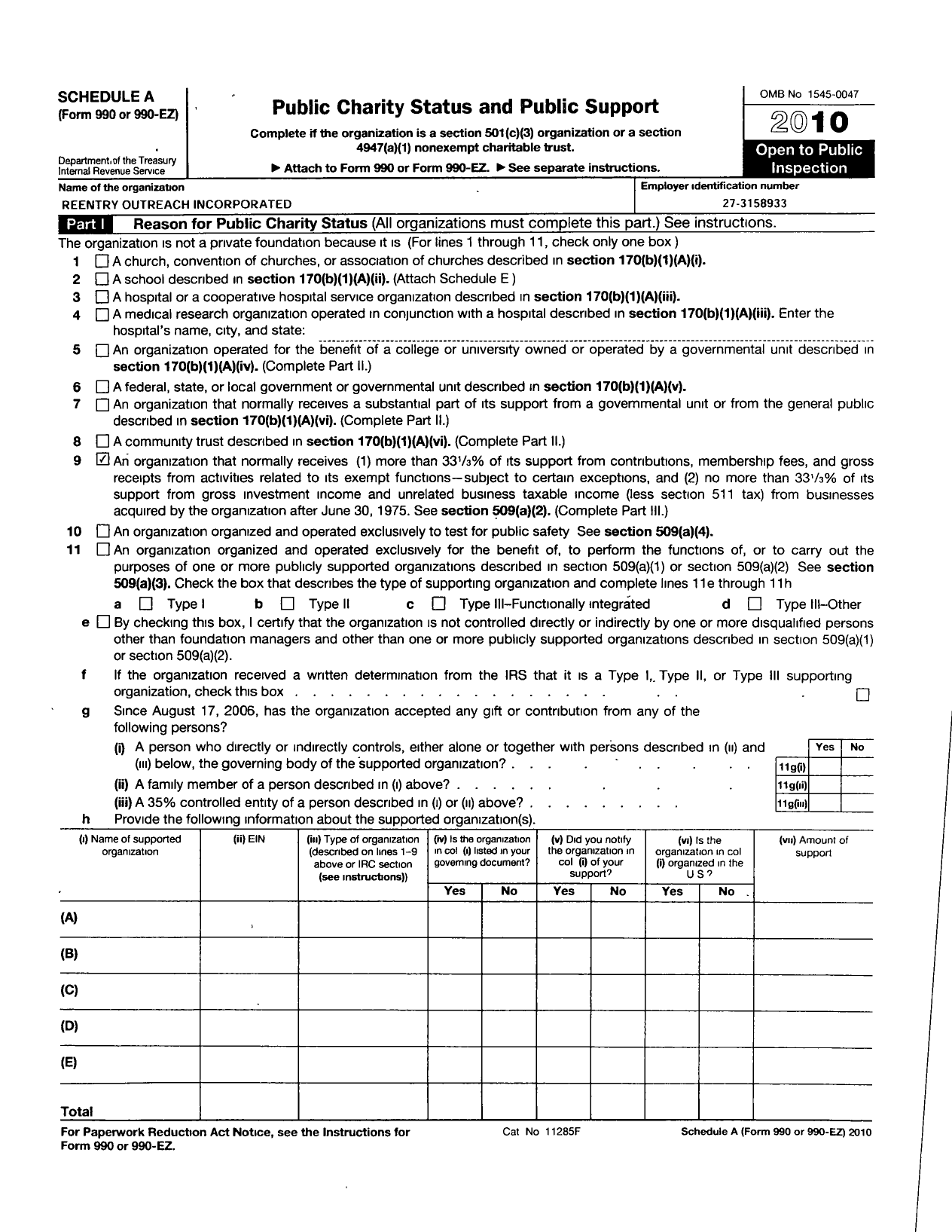 Image of first page of 2010 Form 990R for Reentry Outreach