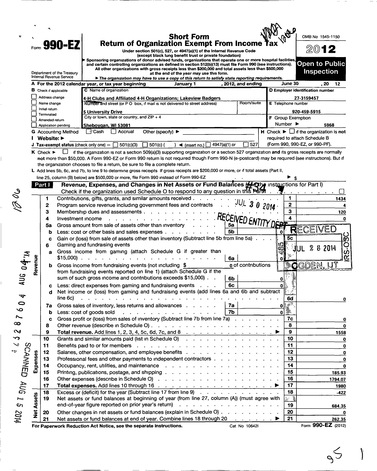 Image of first page of 2011 Form 990EO for Board of Regents of the University of Wisconsin System / Lakeview Badgers 4-H Club