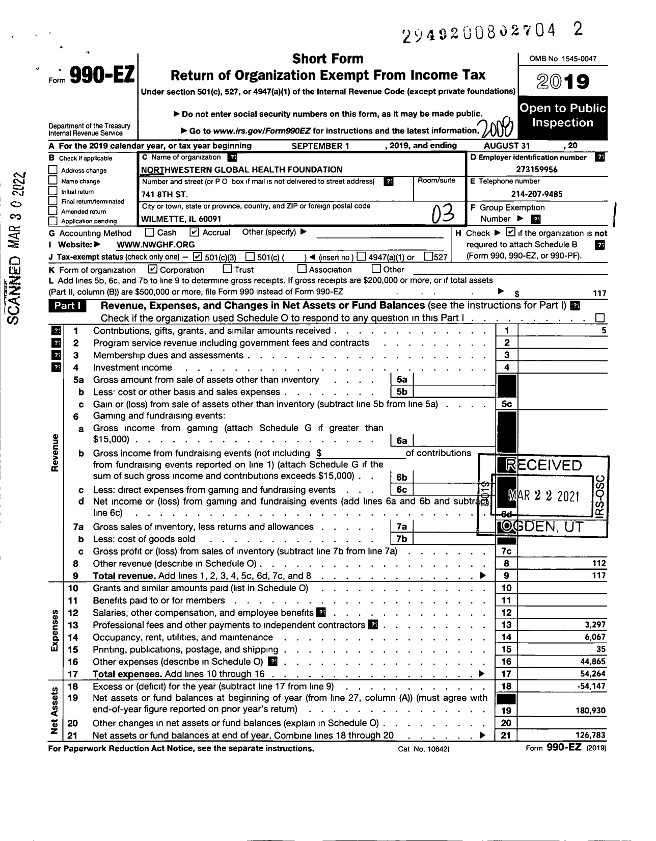 Image of first page of 2019 Form 990EZ for Northwestern Global Health Foundation