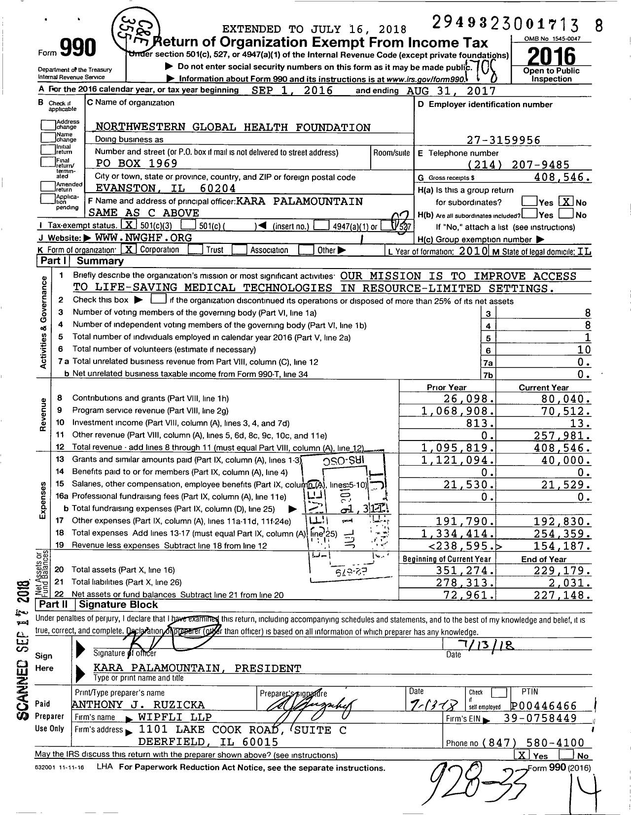 Image of first page of 2016 Form 990 for Northwestern Global Health Foundation