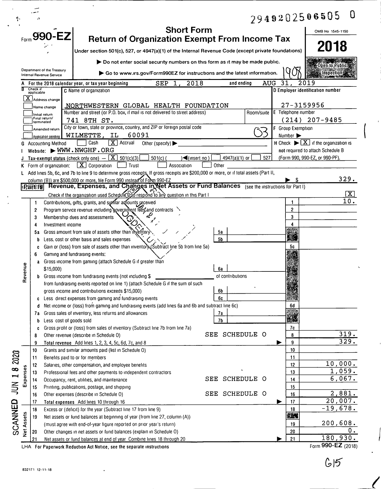 Image of first page of 2018 Form 990EZ for Northwestern Global Health Foundation