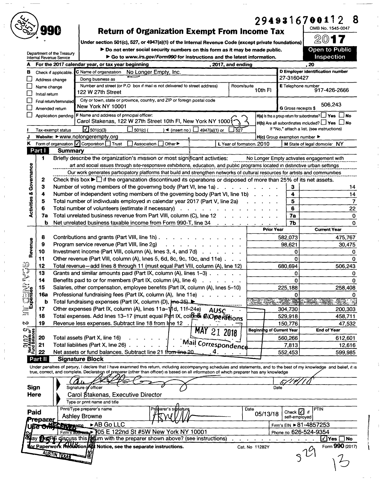 Image of first page of 2017 Form 990 for No Longer Empty