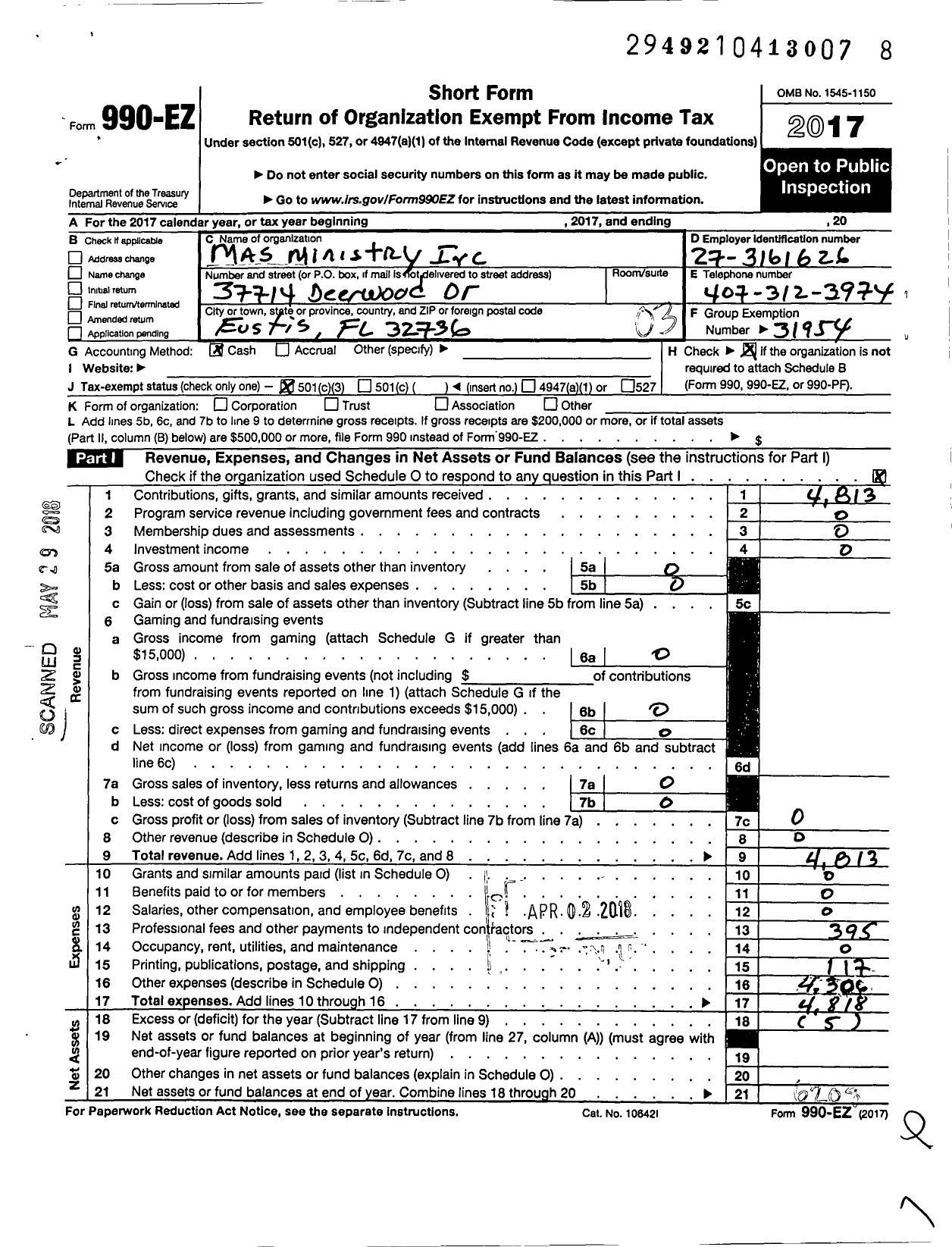 Image of first page of 2017 Form 990EZ for Mas Ministry