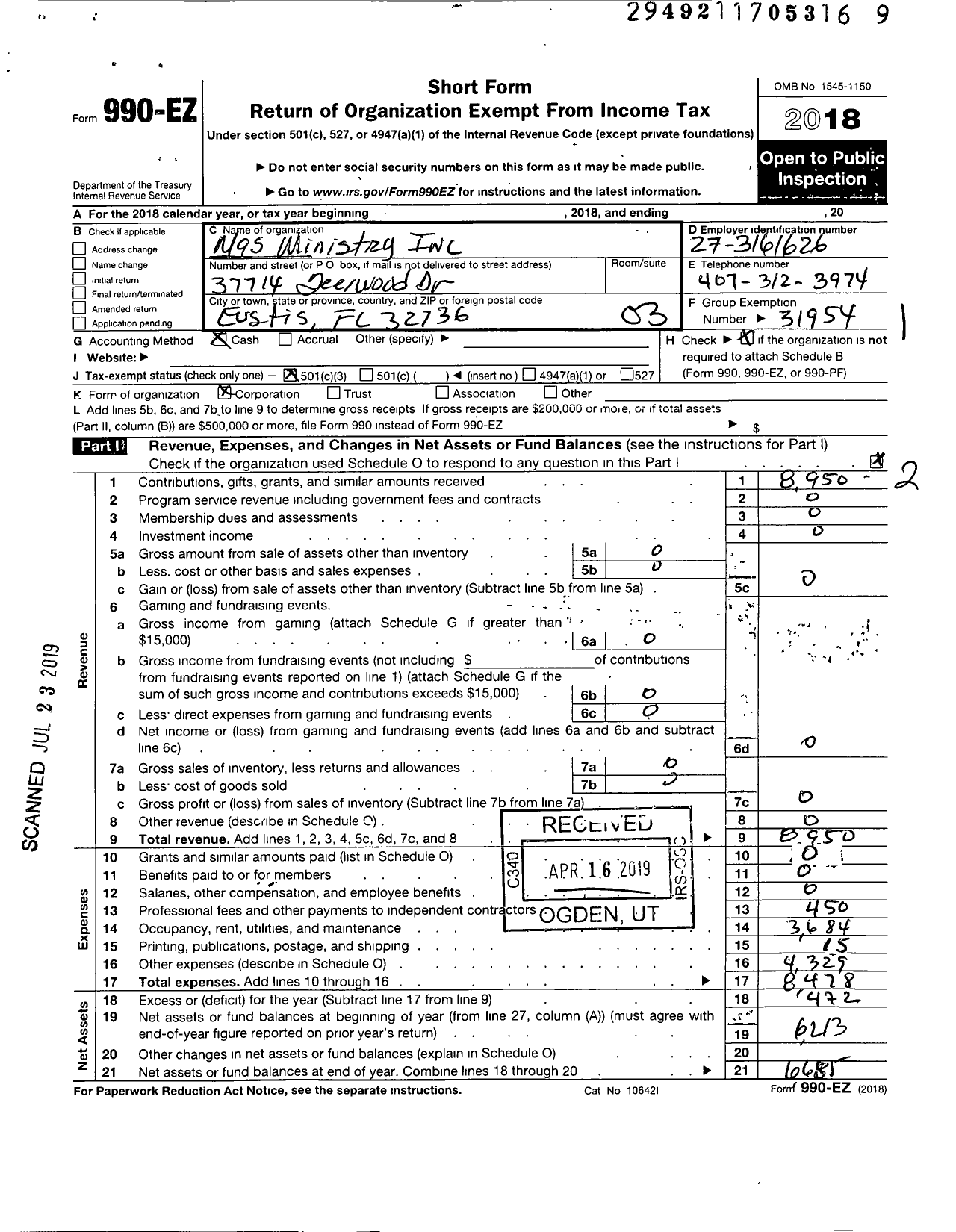 Image of first page of 2018 Form 990EZ for Mas Ministry