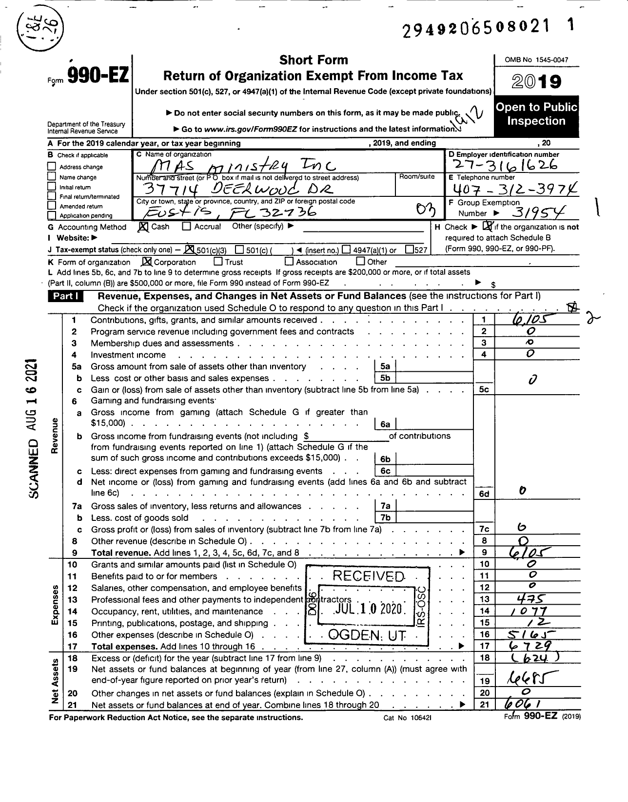 Image of first page of 2019 Form 990EZ for Mas Ministry