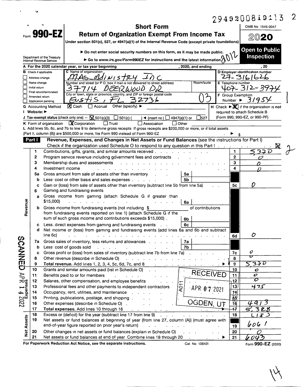 Image of first page of 2020 Form 990EZ for Mas Ministry