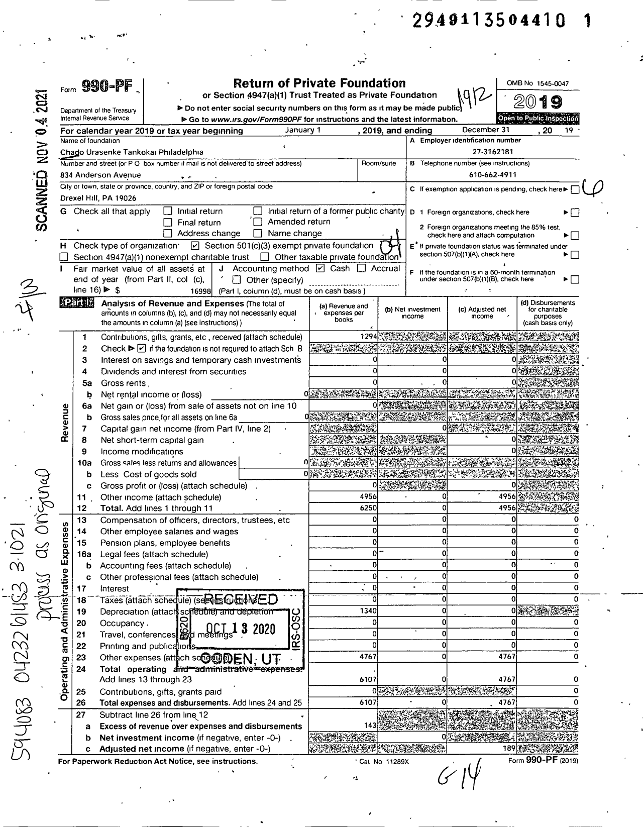 Image of first page of 2019 Form 990PF for Chado Association of Philadelphia