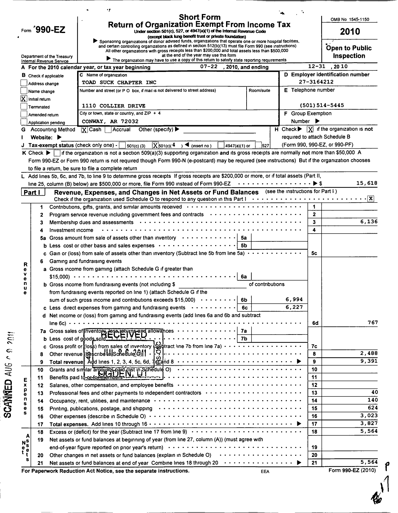 Image of first page of 2010 Form 990EO for Toad Suck Chapter